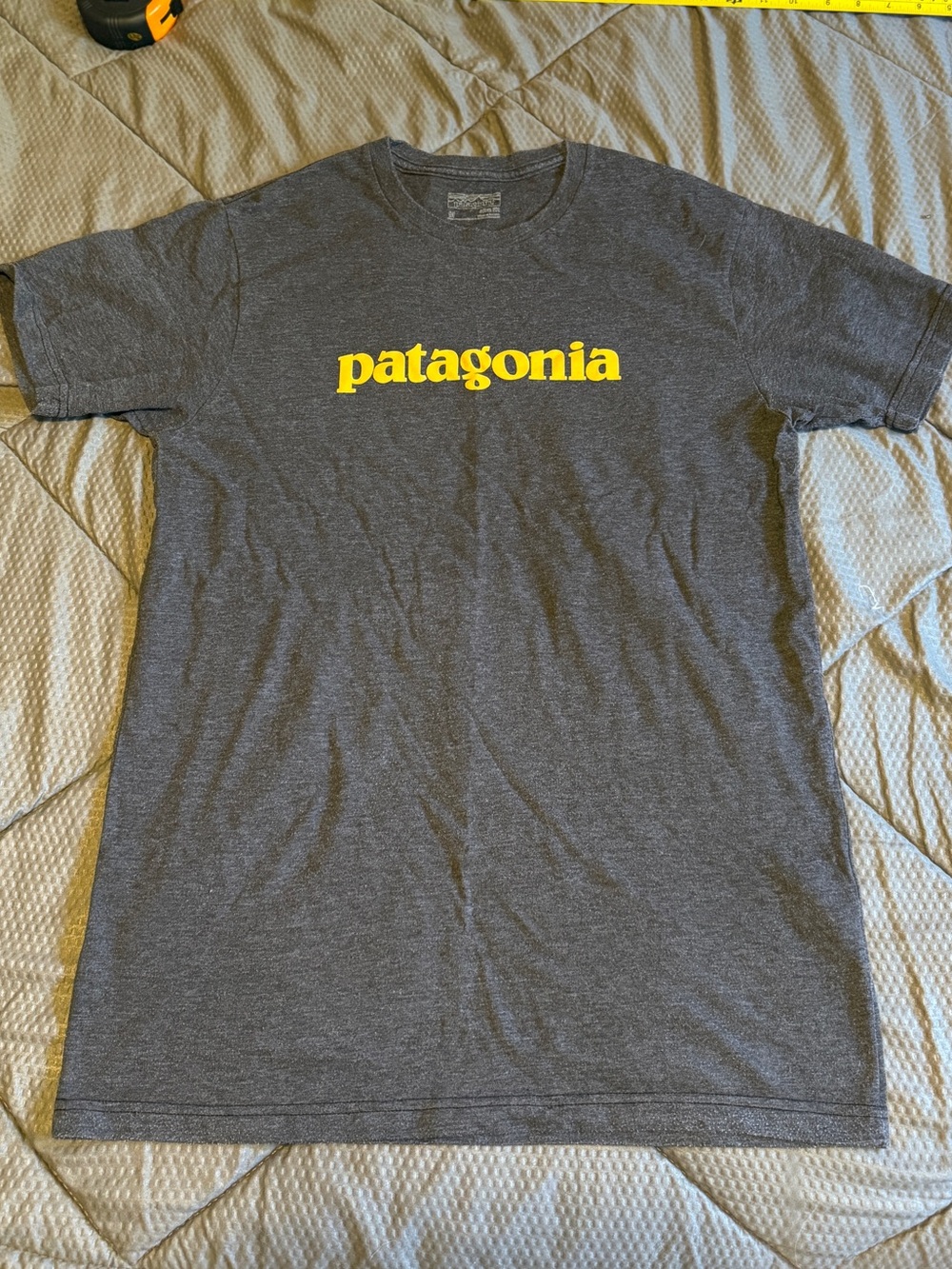 Patagonia Gray Slim Fit Short Sleeve Tee with Yellow Logo